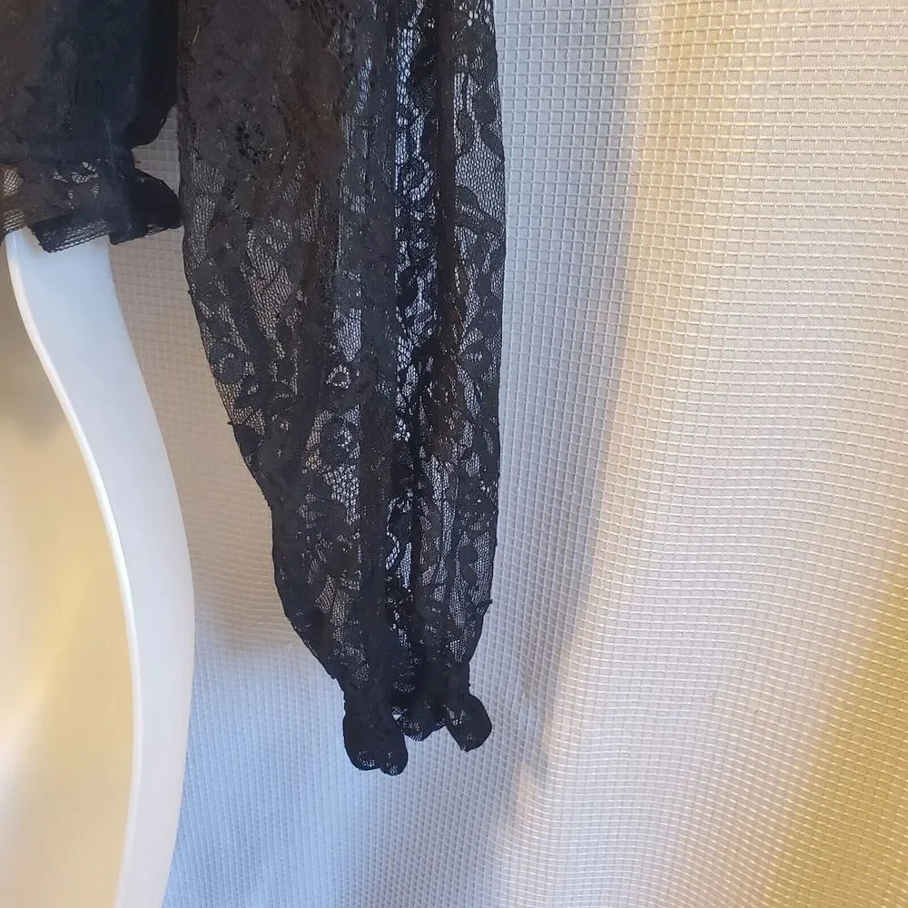 Womens Cropped Corset Puff Sleeve Blouse Sz M Black Lace Witchy Goblin Gothic